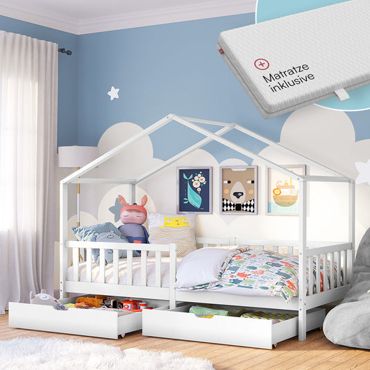 Bia Hausbett 80x160 cm mit Matratze und 2 Schubladen, weiß, Kiefer Massivholz, Montessori Kinderbett mit Stauraum, inkl. Rausfallschutz und Lattenrost