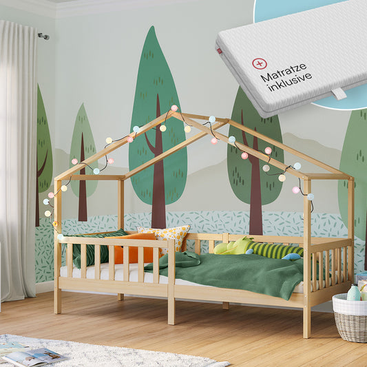 Bia Hausbett 90x200 cm mit Matratze, natur, Kiefer Massivholz, Montessori Kinderbett mit Rausfallschutz und Lattenrost