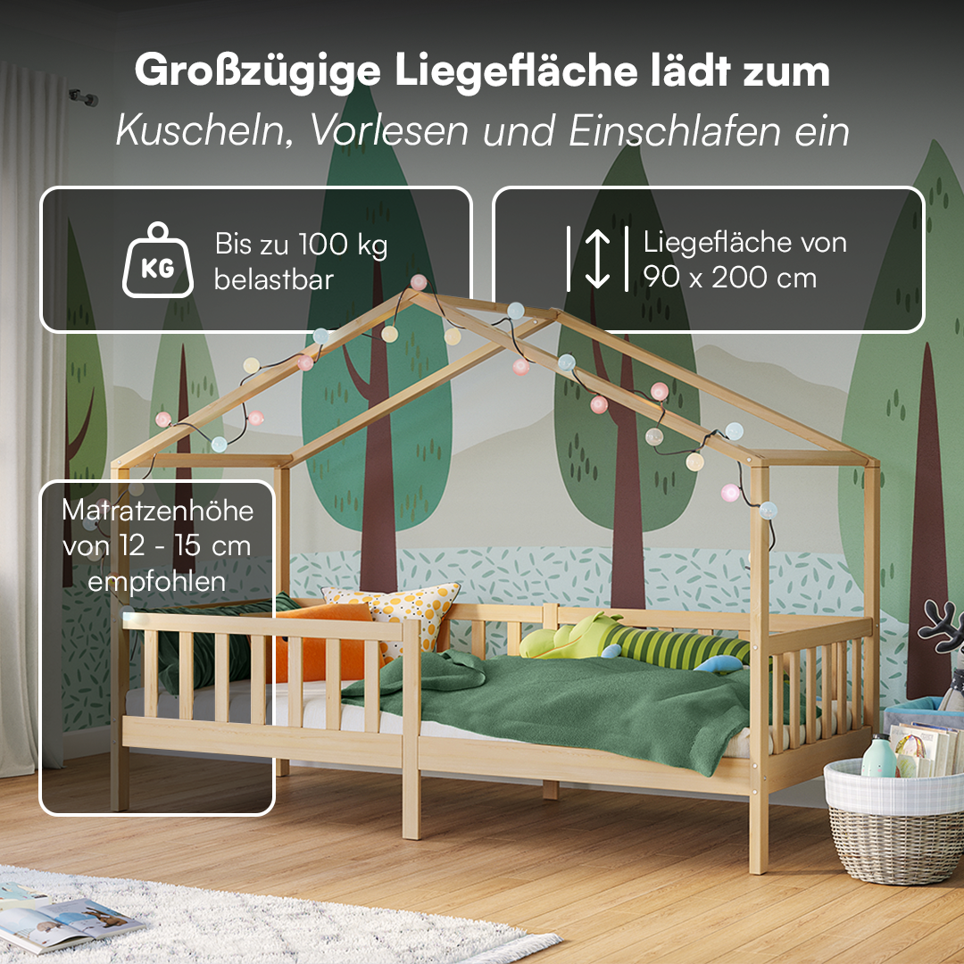 Bia Hausbett 90x200 cm mit Matratze, natur, Kiefer Massivholz, Montessori Kinderbett mit Rausfallschutz und Lattenrost