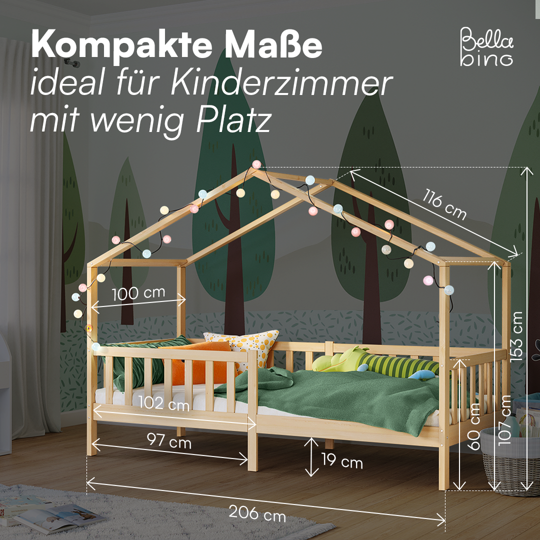 Bia Hausbett 90x200 cm mit Matratze, natur, Kiefer Massivholz, Montessori Kinderbett mit Rausfallschutz und Lattenrost