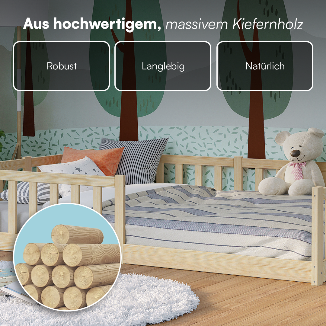 Vere Bodenbett 120x200 cm, natur, inkl. Lattenrost und Rausfallschutz, mit Matratze