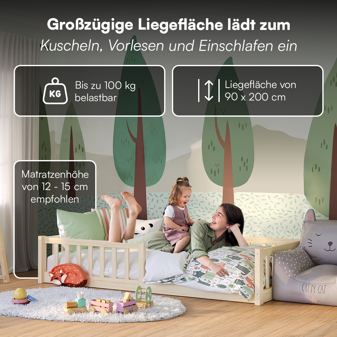 Vere Bodenbett 90x200 cm, natur, inkl. Lattenrost und Rausfallschutz, mit Matratze