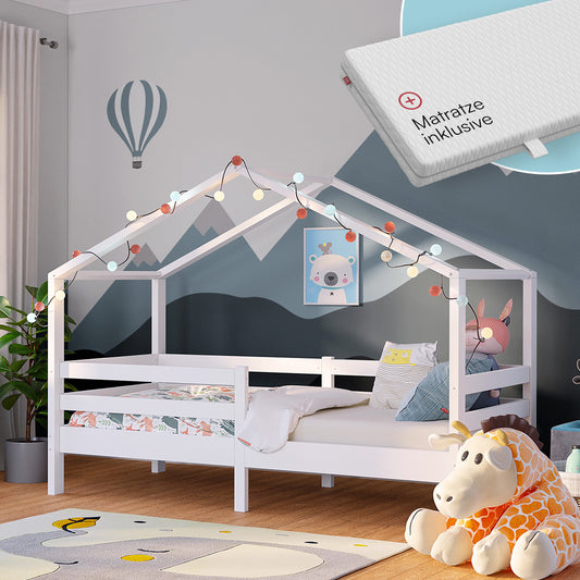 Abia Hausbett 90x200 cm mit Matratze, weiß, Kiefer Massivholz, Montessori Kinderbett mit Rausfallschutz und Lattenrost