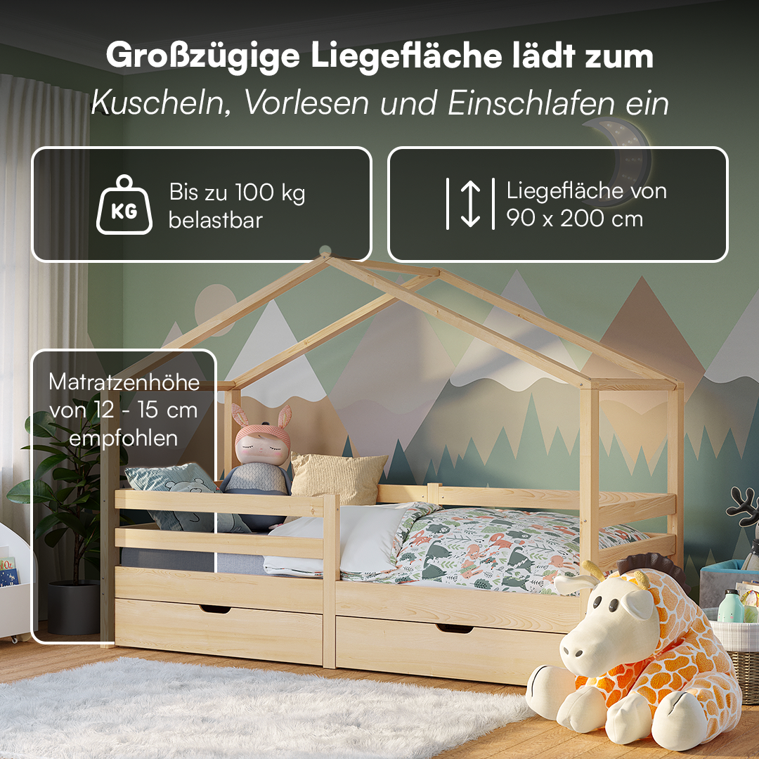 Abia Hausbett, natur, 90x200 cm, hoch, mit 2 Schubladen
