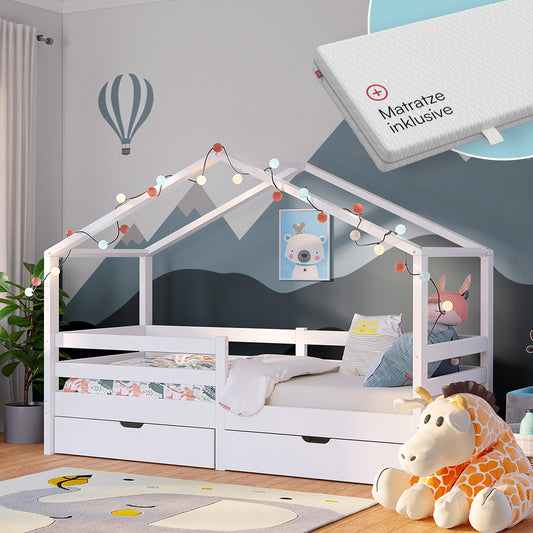 Abia Hausbett 90x200 cm mit Matratze und 2 Schubladen, weiß, Kiefer Massivholz, Montessori Kinderbett mit Stauraum, inkl. Rausfallschutz und Lattenrost