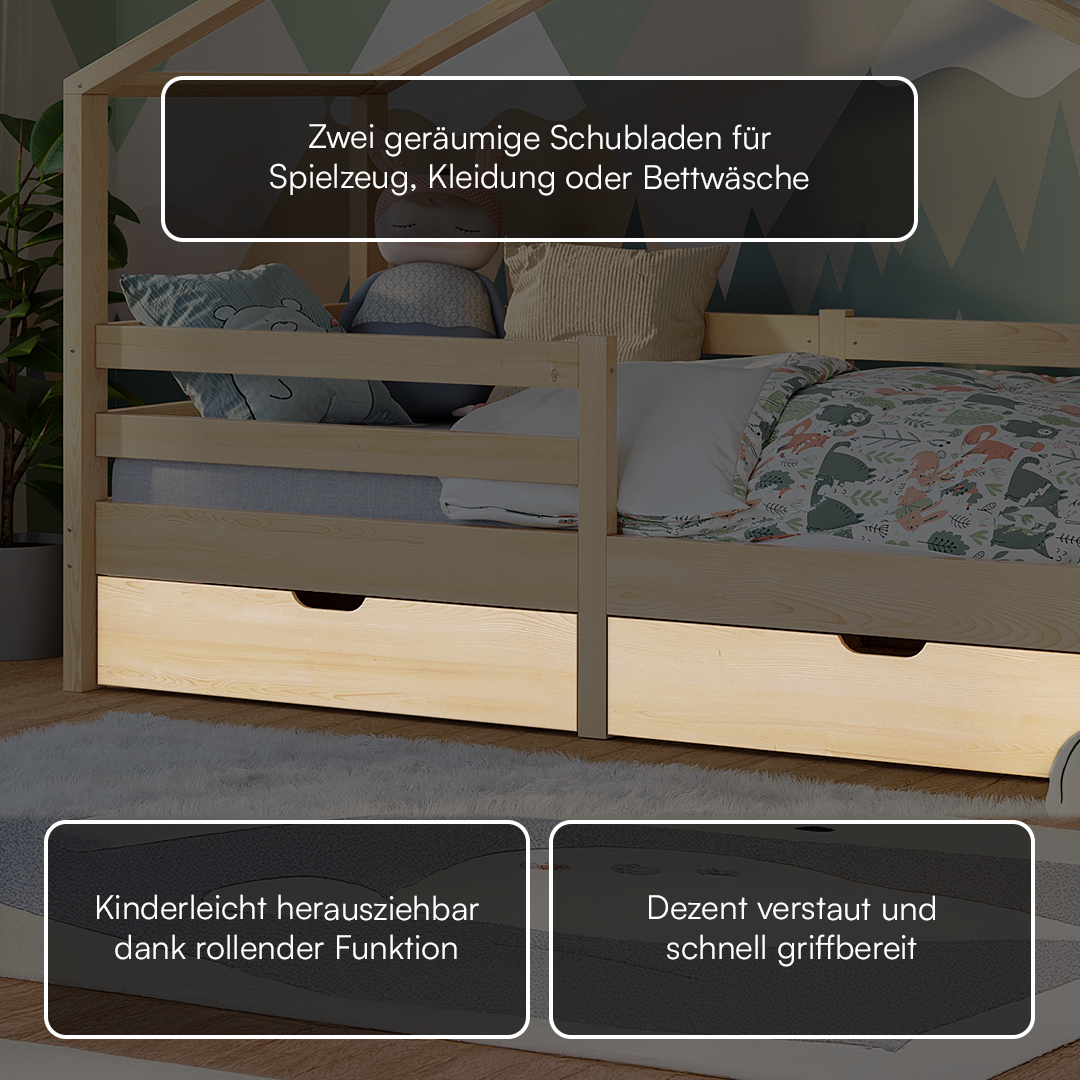 Abia Hausbett, natur, 90x200 cm, hoch, mit 2 Schubladen