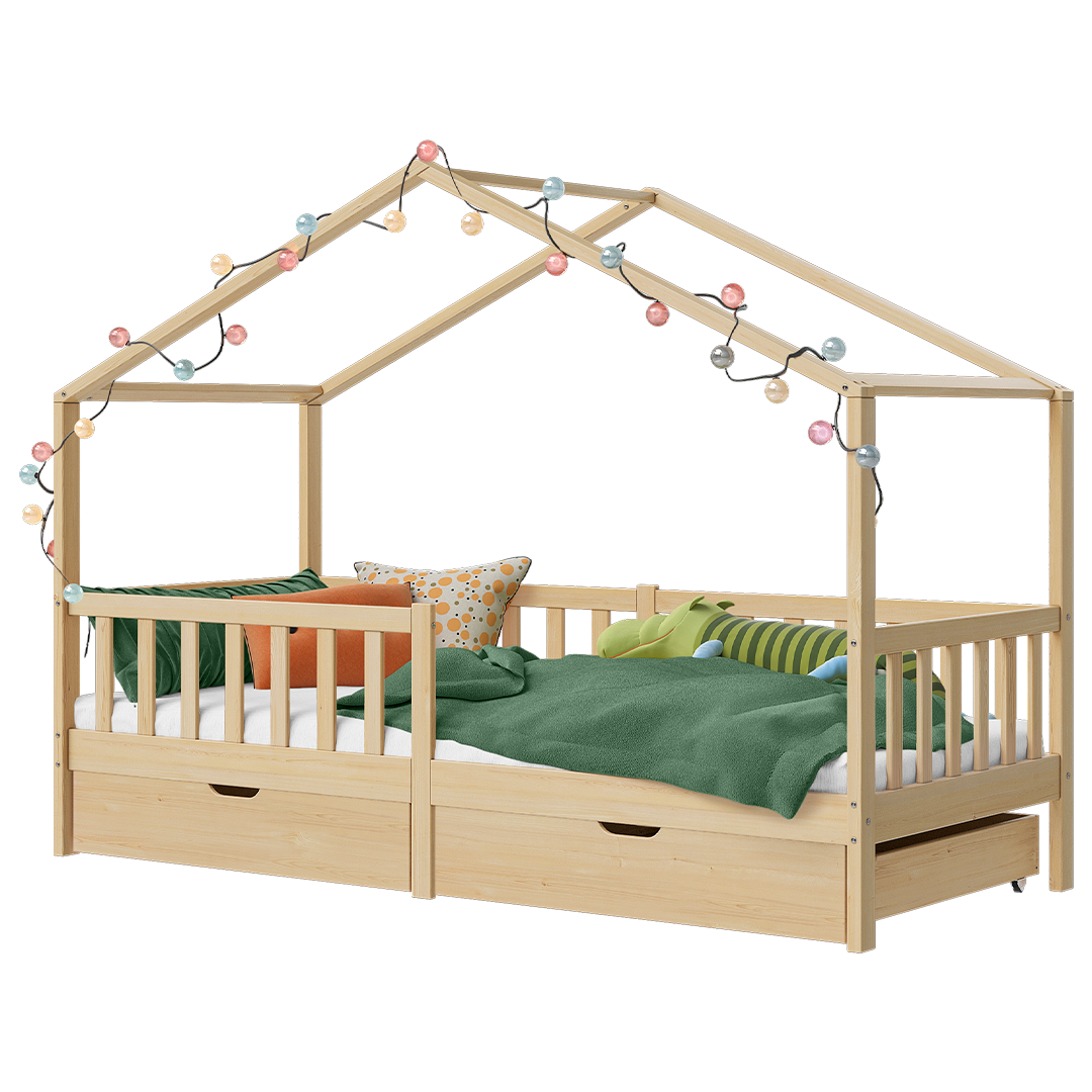 Bia Hausbett 90x200 cm mit 2 Schubladen, natur, Kiefer Massivholz, Montessori Kinderbett mit Stauraum, inkl. Rausfallschutz und Lattenrost