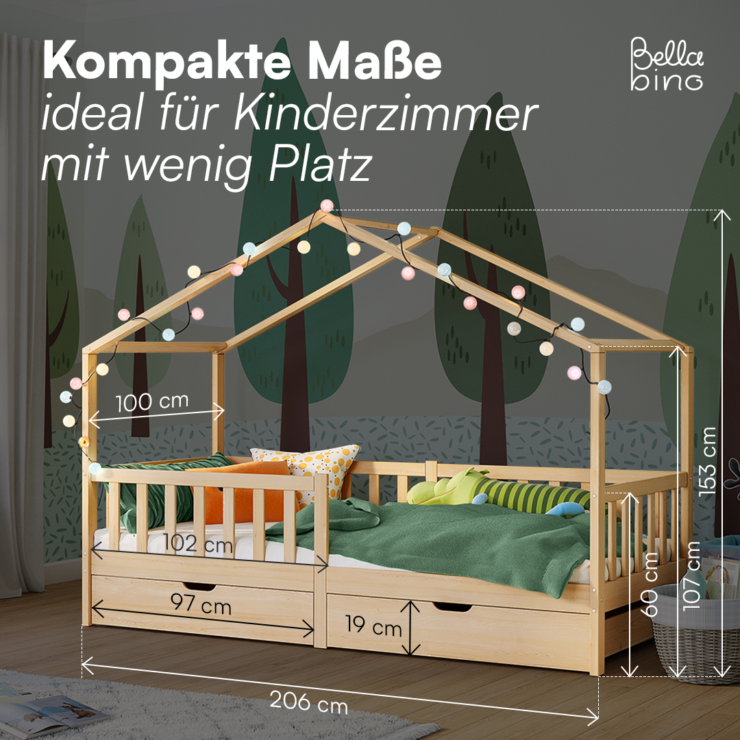 Bia Hausbett 90x200 cm mit 2 Schubladen, natur, Kiefer Massivholz, Montessori Kinderbett mit Stauraum, inkl. Rausfallschutz und Lattenrost