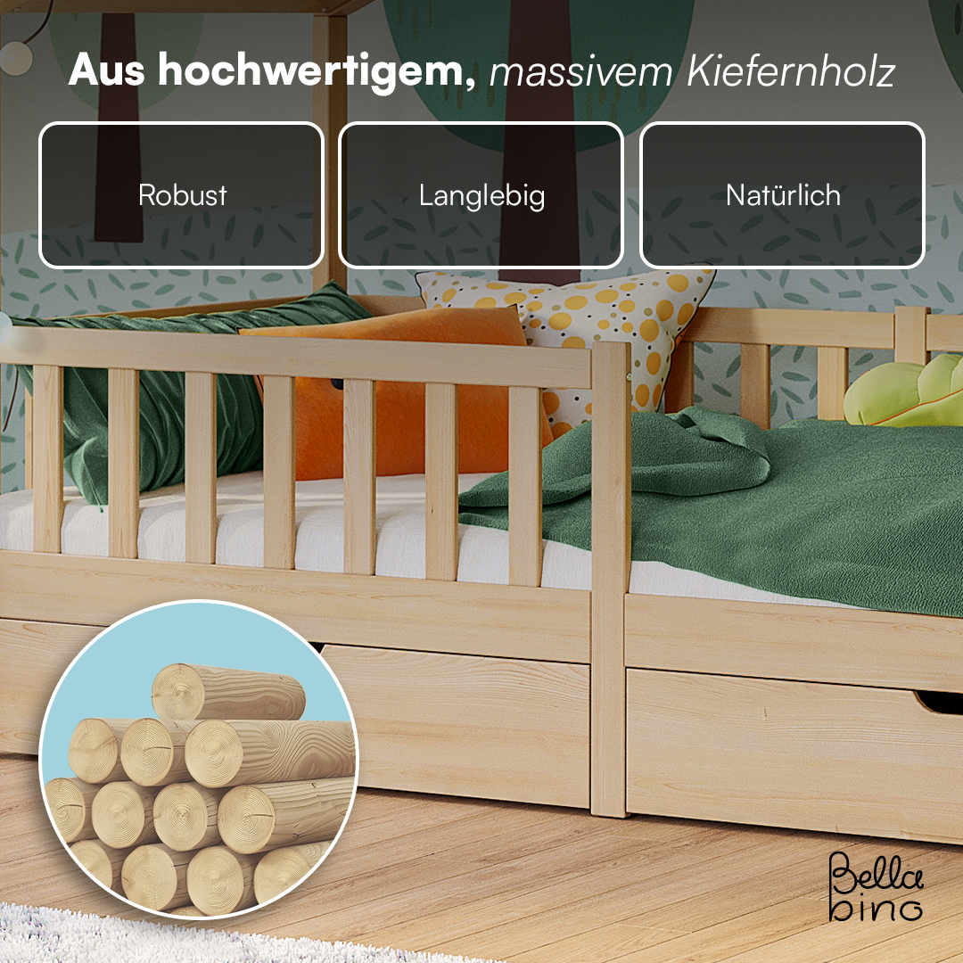 Bia Hausbett 90x200 cm mit 2 Schubladen, natur, Kiefer Massivholz, Montessori Kinderbett mit Stauraum, inkl. Rausfallschutz und Lattenrost