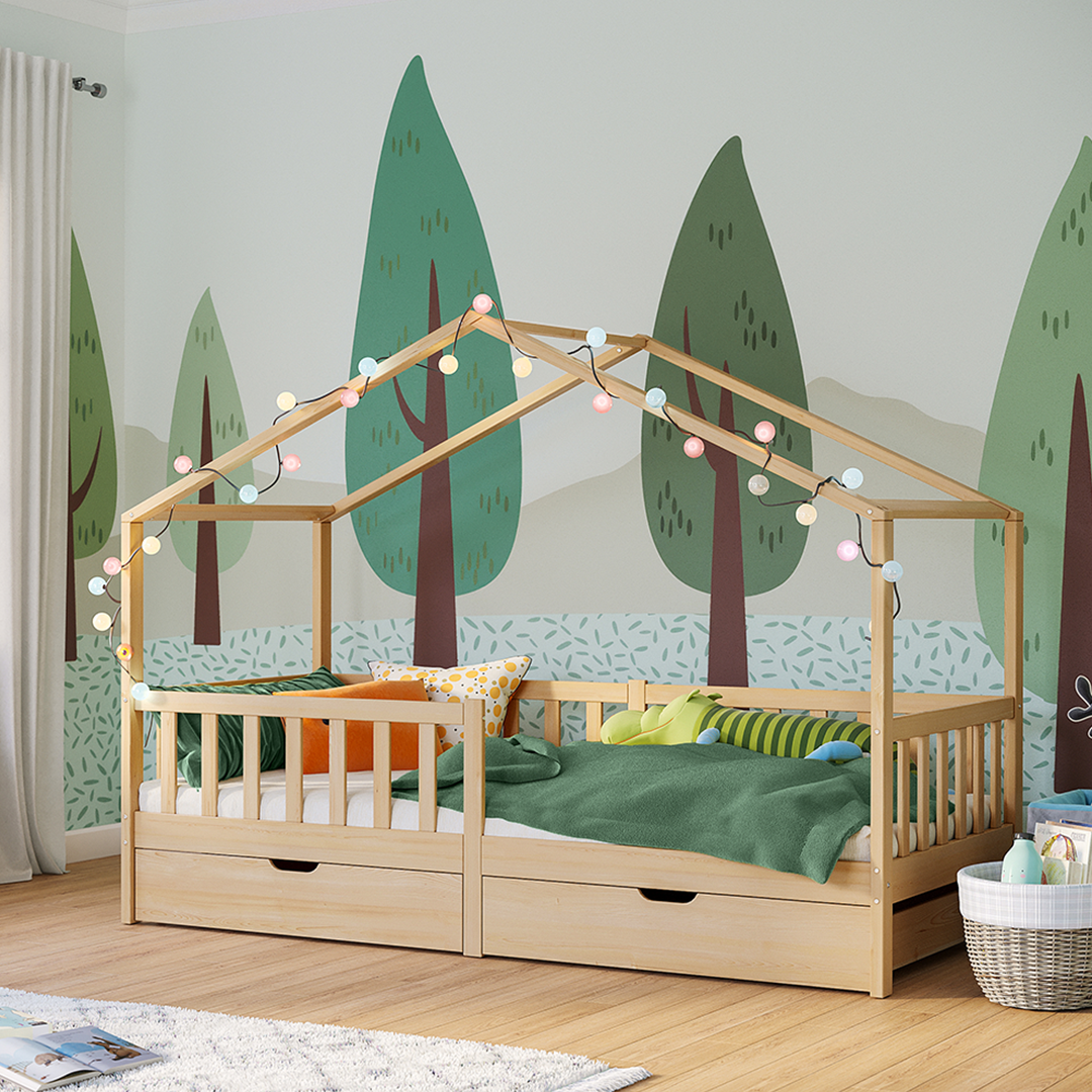 Bia Hausbett 90x200 cm mit 2 Schubladen, natur, Kiefer Massivholz, Montessori Kinderbett mit Stauraum, inkl. Rausfallschutz und Lattenrost