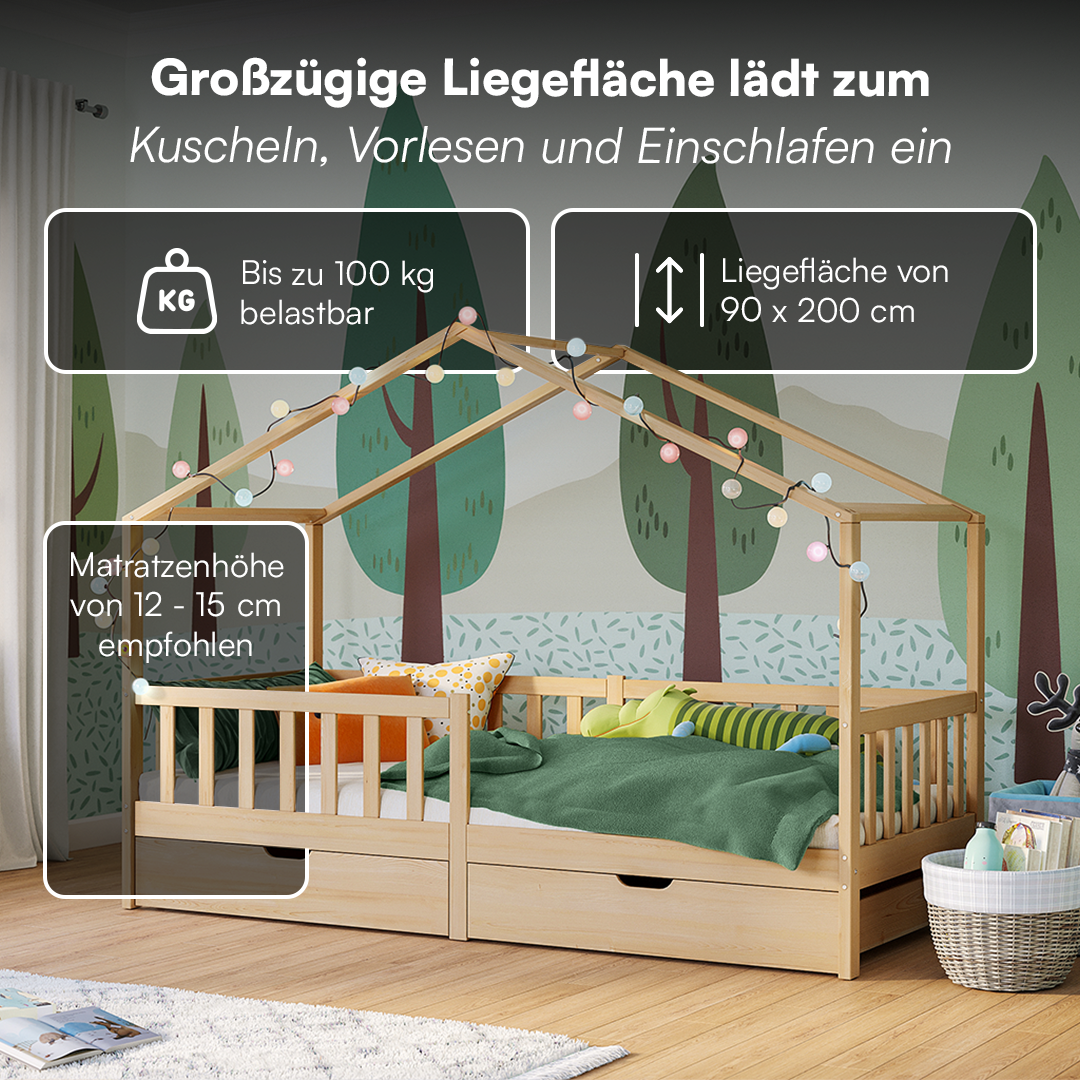 Bia Hausbett 90x200 cm mit 2 Schubladen, natur, Kiefer Massivholz, Montessori Kinderbett mit Stauraum, inkl. Rausfallschutz und Lattenrost