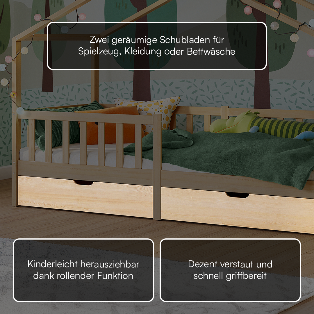 Bia Hausbett 90x200 cm mit 2 Schubladen, natur, Kiefer Massivholz, Montessori Kinderbett mit Stauraum, inkl. Rausfallschutz und Lattenrost
