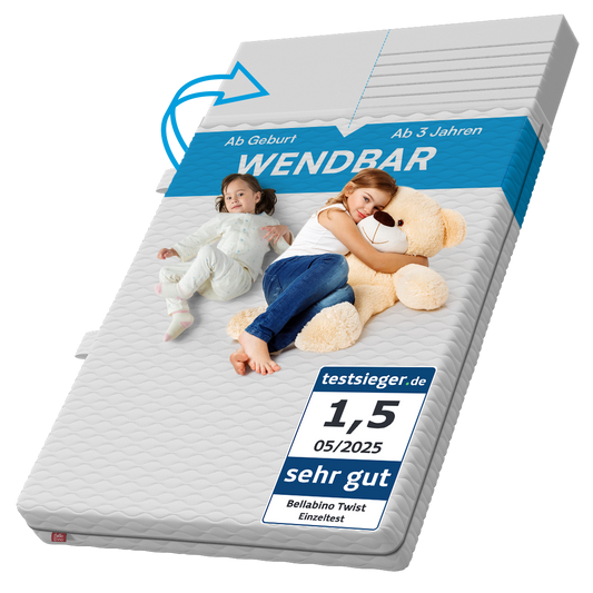 Twist Baby- und Kindermatratze 140x200 cm, Höhe 15 cm, Härtegrad H1/H2, wendbare 7-Zonen Kaltschaummatratze, abnehmbarer Bezug, ab 1,5 Jahren