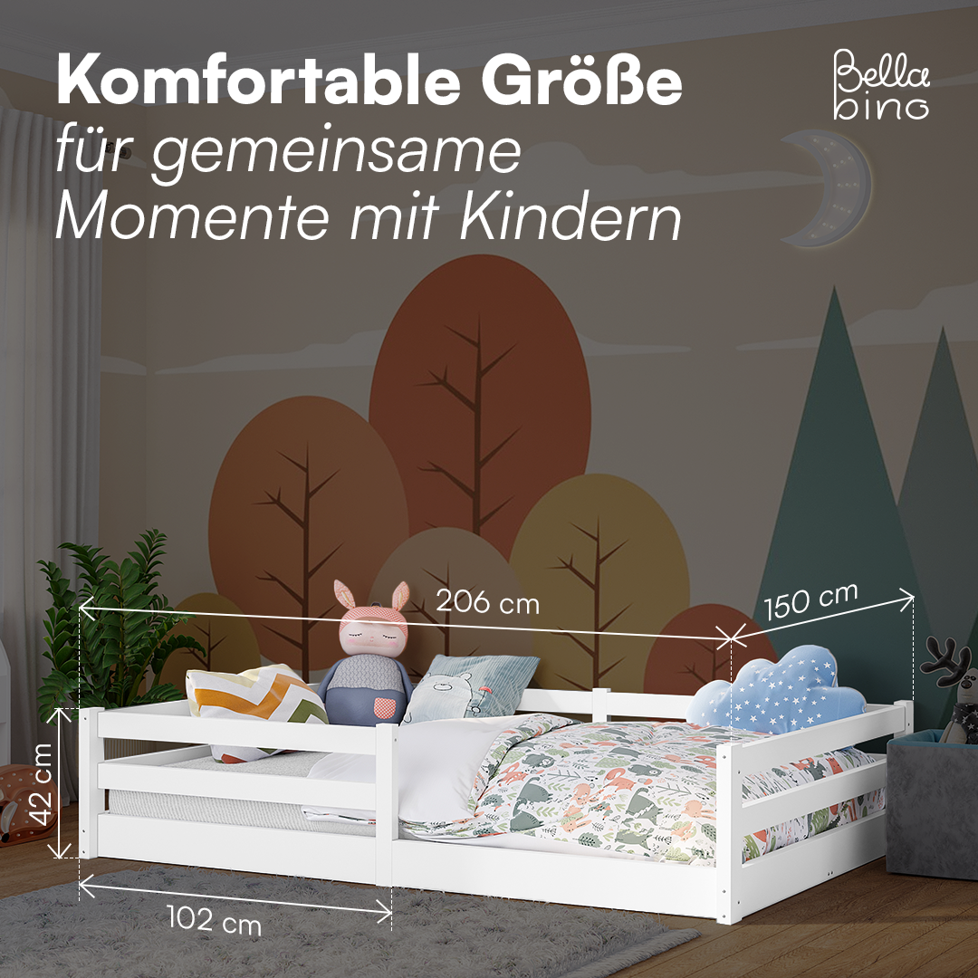 Iskri Bodenbett 140x200 cm, weiß, Massivholz Kiefer, Montessori Kinderbett mit Rausfallschutz und Lattenrost