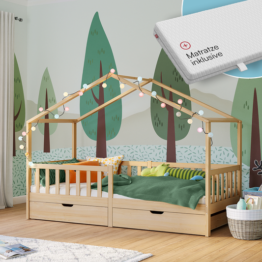 Bia Hausbett 90x200 cm mit Matratze und 2 Schubladen, natur, Kiefer Massivholz, Montessori Kinderbett mit Stauraum, inkl. Rausfallschutz und Lattenrost