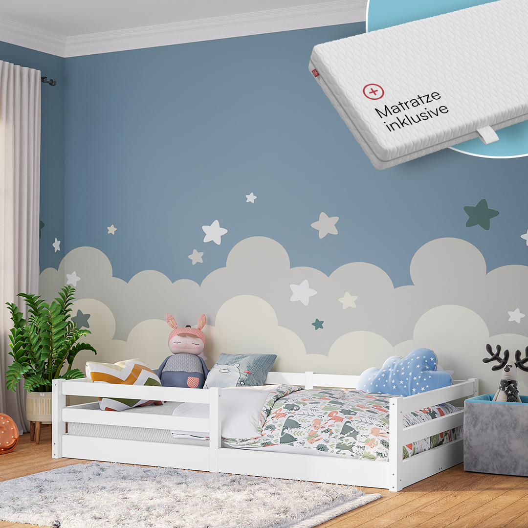 Iskri Bodenbett 120x200 cm mit Matratze, weiß, Massivholz Kiefer, Montessori Kinderbett mit Rausfallschutz und Lattenrost