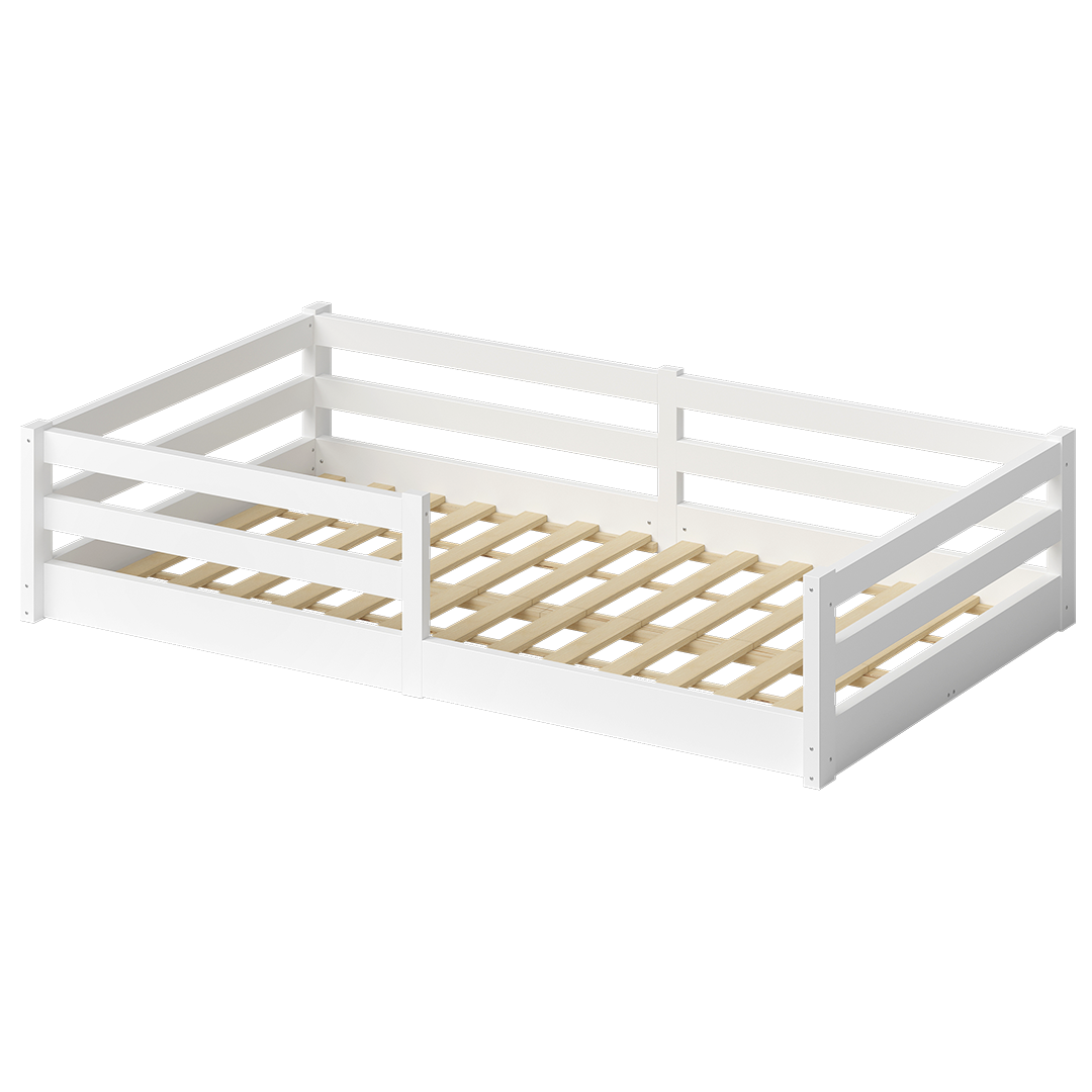 Iskri Bodenbett 120x200 cm mit Matratze, weiß, Massivholz Kiefer, Montessori Kinderbett mit Rausfallschutz und Lattenrost