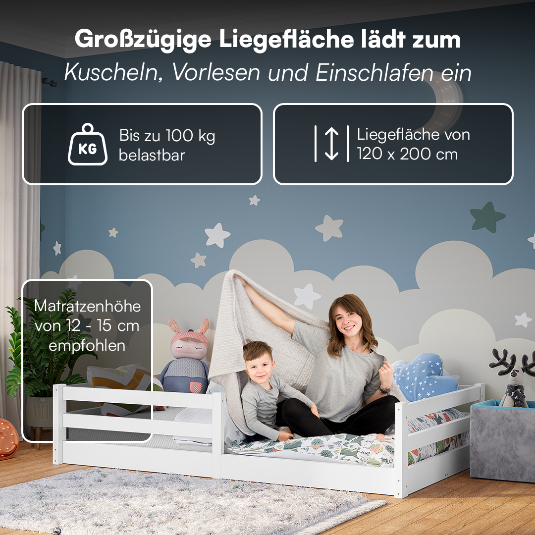 Iskri Bodenbett 120x200 cm mit Matratze, weiß, Massivholz Kiefer, Montessori Kinderbett mit Rausfallschutz und Lattenrost