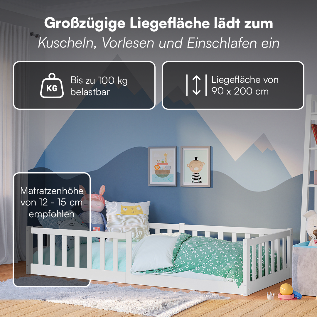 Vere Bodenbett 90x200 cm, weiß, inkl. Lattenrost und Rausfallschutz