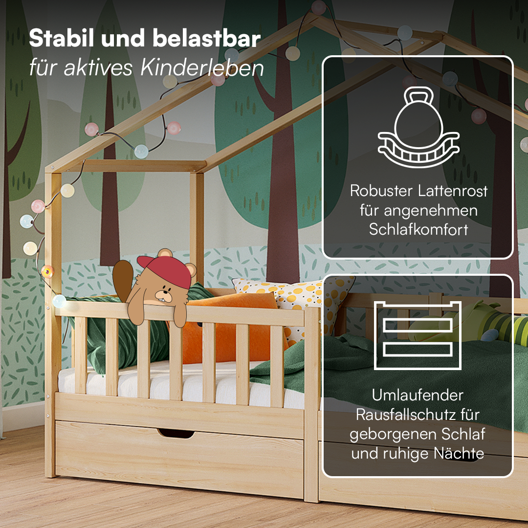 Bia Hausbett 90x200 cm mit 2 Schubladen, natur, Kiefer Massivholz, Montessori Kinderbett mit Stauraum, inkl. Rausfallschutz und Lattenrost
