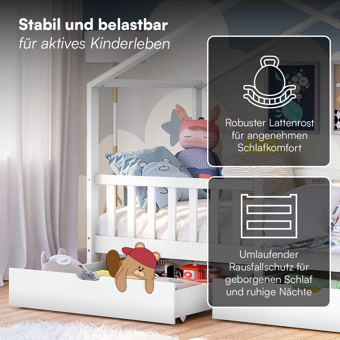 Bia Hausbett 80x160 cm mit Matratze, weiß, Kiefer Massivholz, Montessori Kinderbett mit Rausfallschutz und Lattenrost