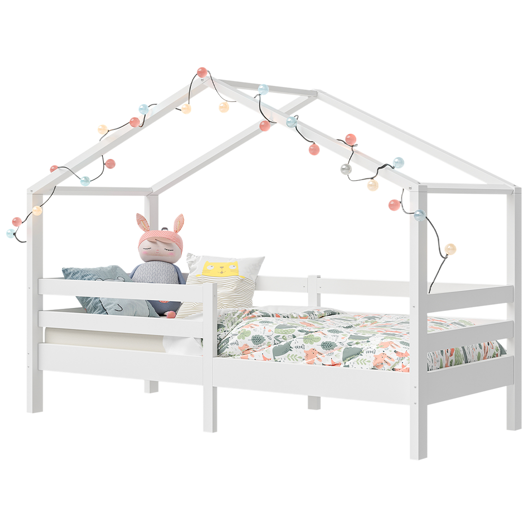 Abia Hausbett 90x200 cm mit Matratze, weiß, Kiefer Massivholz, Montessori Kinderbett mit Rausfallschutz und Lattenrost