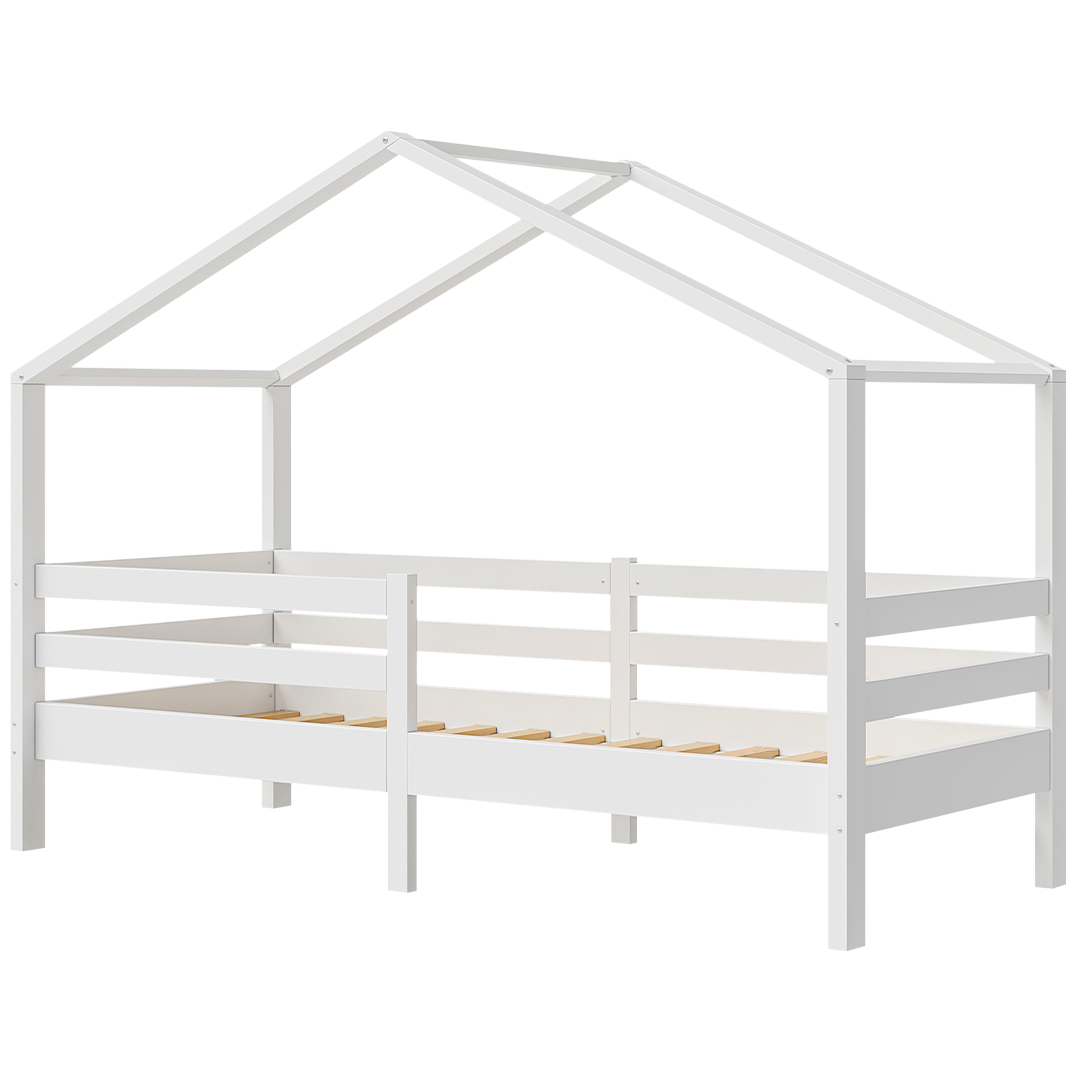 Abia Hausbett 90x200 cm mit Matratze, weiß, Kiefer Massivholz, Montessori Kinderbett mit Rausfallschutz und Lattenrost