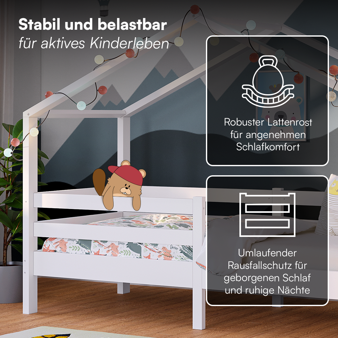 Abia Hausbett 90x200 cm mit Matratze, weiß, Kiefer Massivholz, Montessori Kinderbett mit Rausfallschutz und Lattenrost