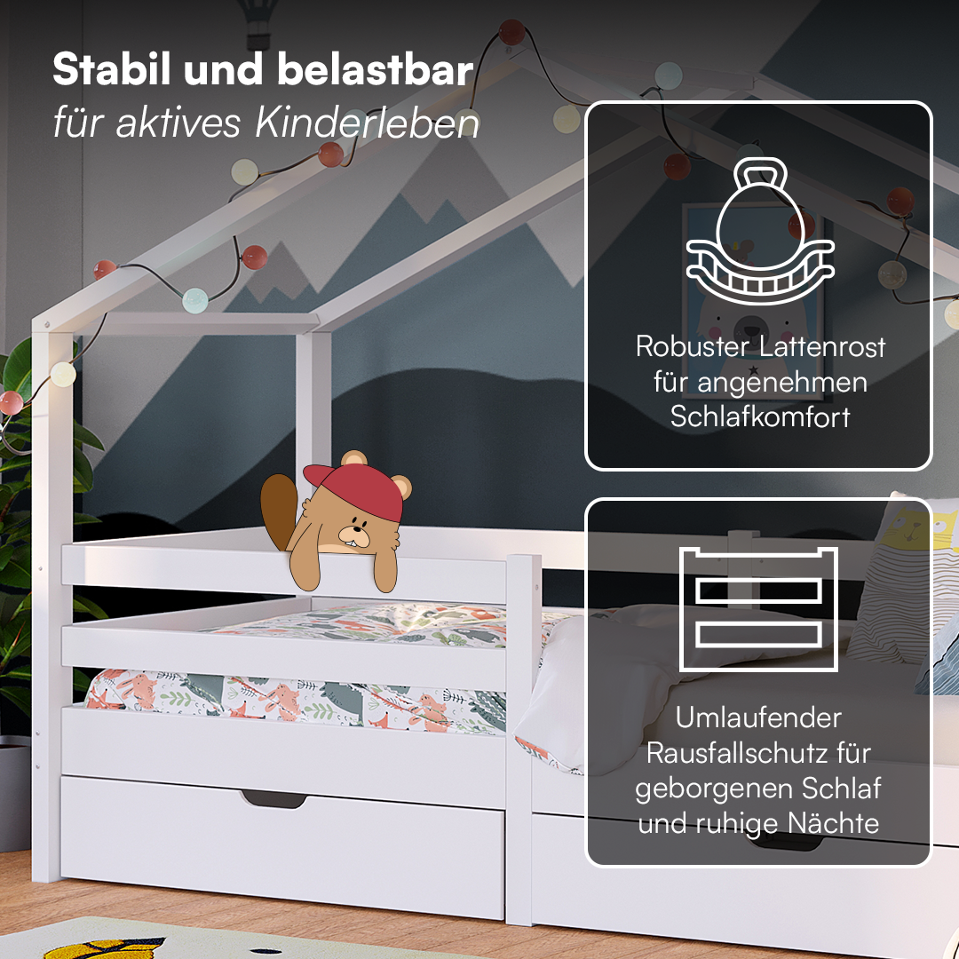 Abia Hausbett 90x200 cm mit Matratze und 2 Schubladen, weiß, Kiefer Massivholz, Montessori Kinderbett mit Stauraum, inkl. Rausfallschutz und Lattenrost