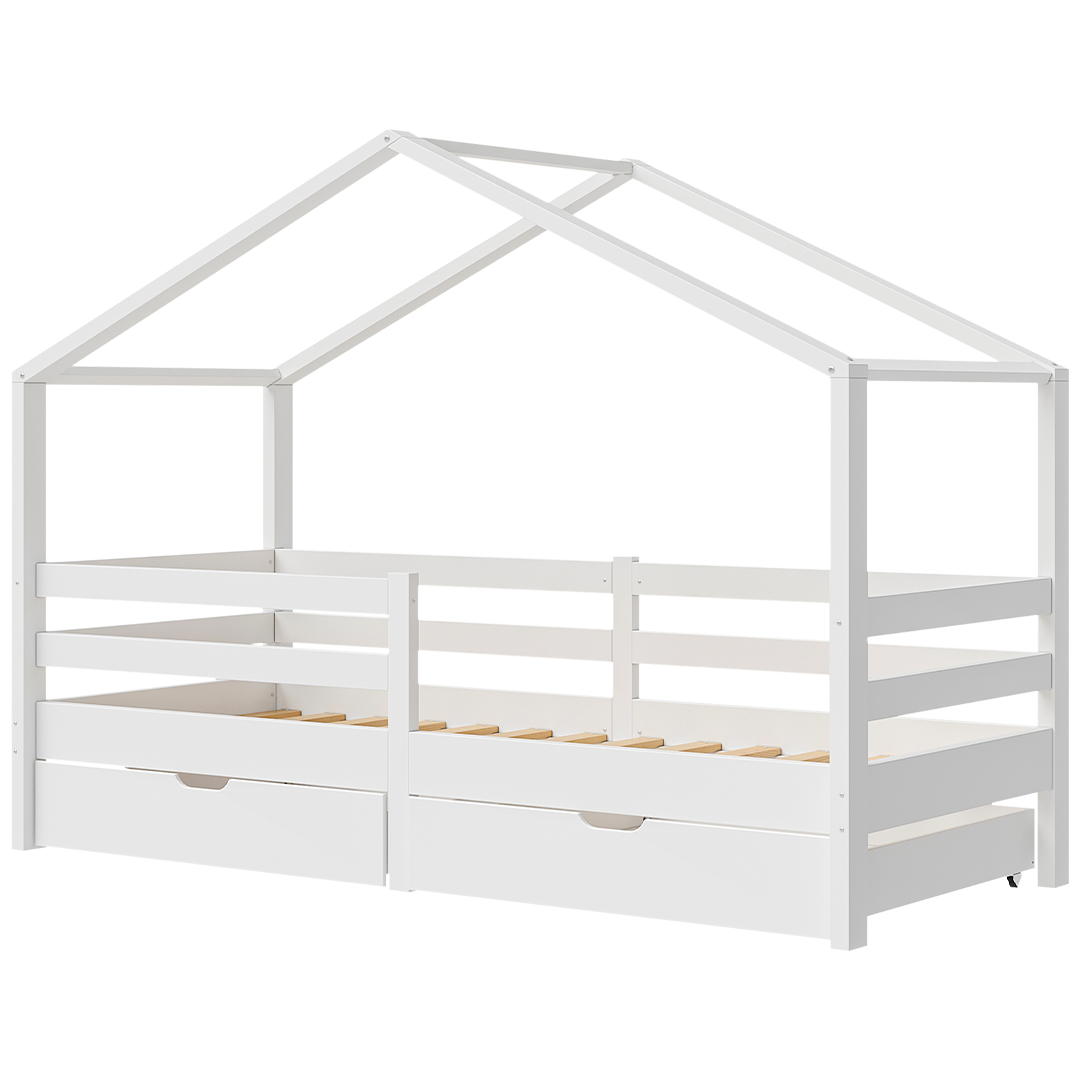 Abia Hausbett 90x200 cm mit Matratze und 2 Schubladen, weiß, Kiefer Massivholz, Montessori Kinderbett mit Stauraum, inkl. Rausfallschutz und Lattenrost