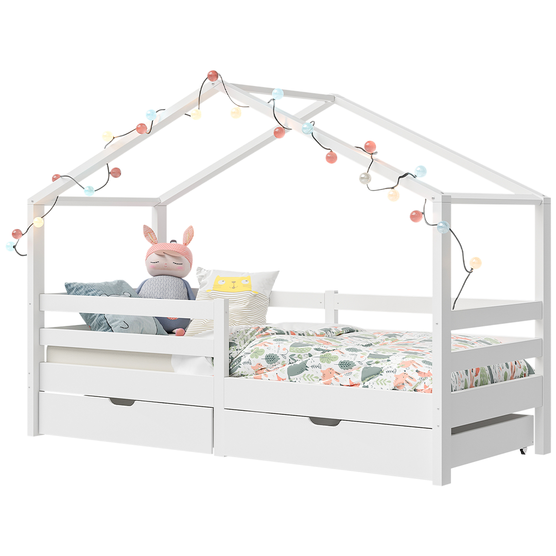 Abia Hausbett 90x200 cm mit Matratze und 2 Schubladen, weiß, Kiefer Massivholz, Montessori Kinderbett mit Stauraum, inkl. Rausfallschutz und Lattenrost