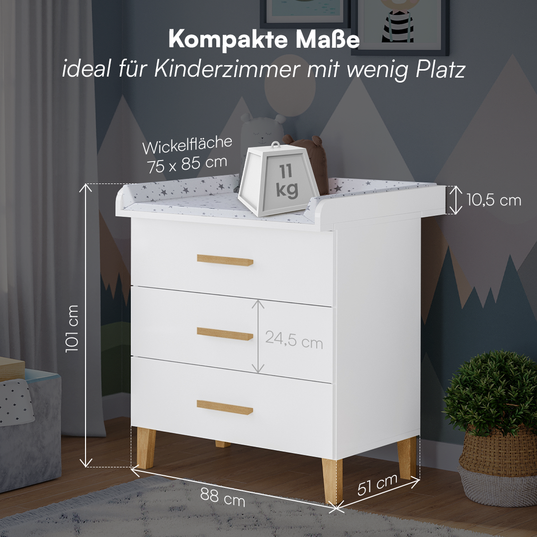 Liri Wickelkommode, weiß/natur, mit 3 Schubladen und abnehmbaren Wickelaufsatz
