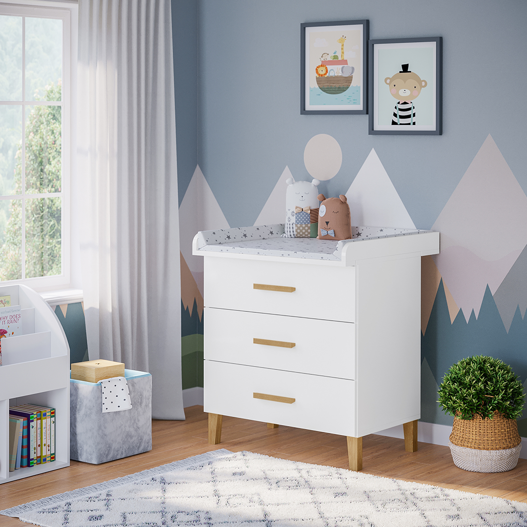 Liri Wickelkommode, weiß/natur, mit 3 Schubladen und abnehmbaren Wickelaufsatz