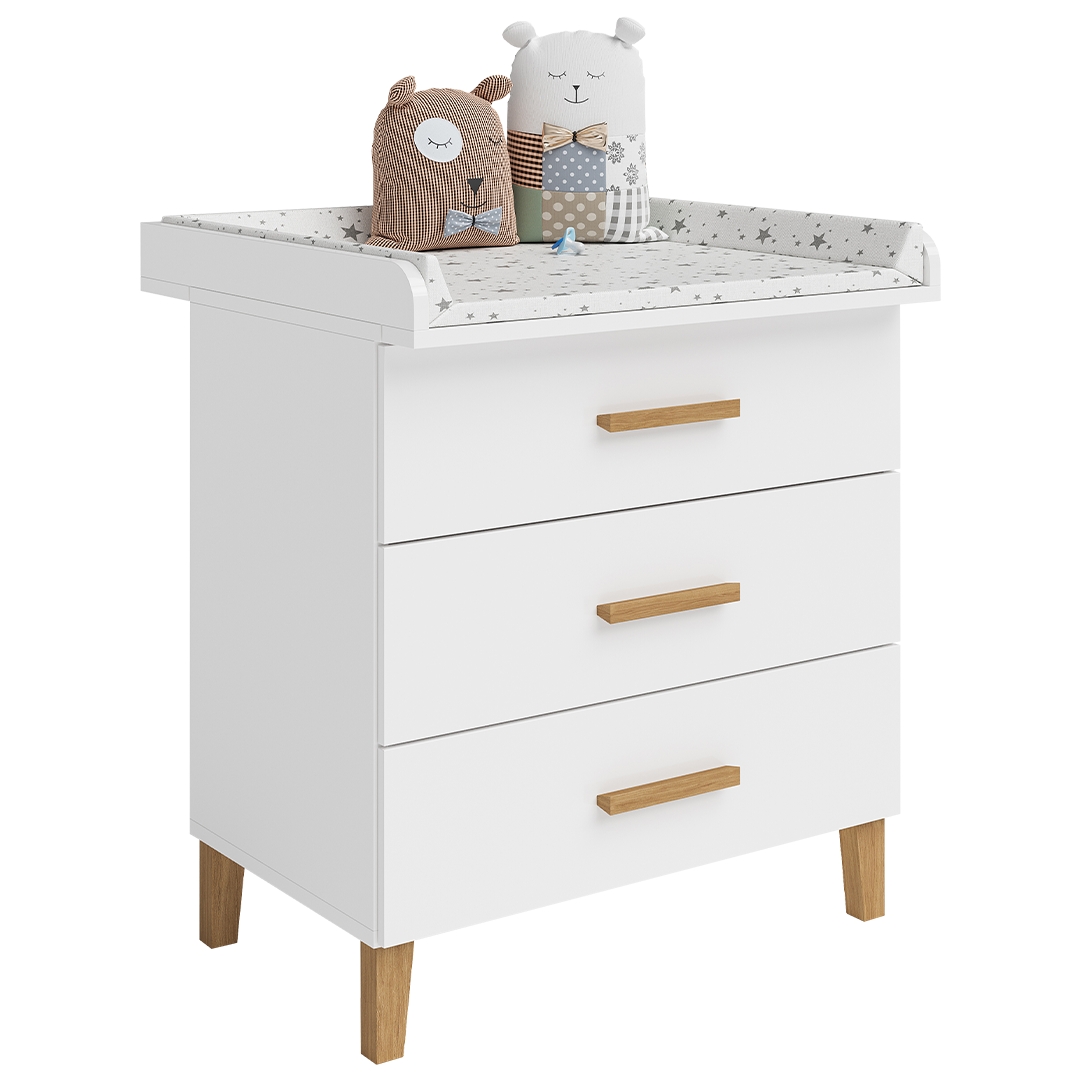 Liri Wickelkommode, weiß/natur, mit 3 Schubladen und abnehmbaren Wickelaufsatz