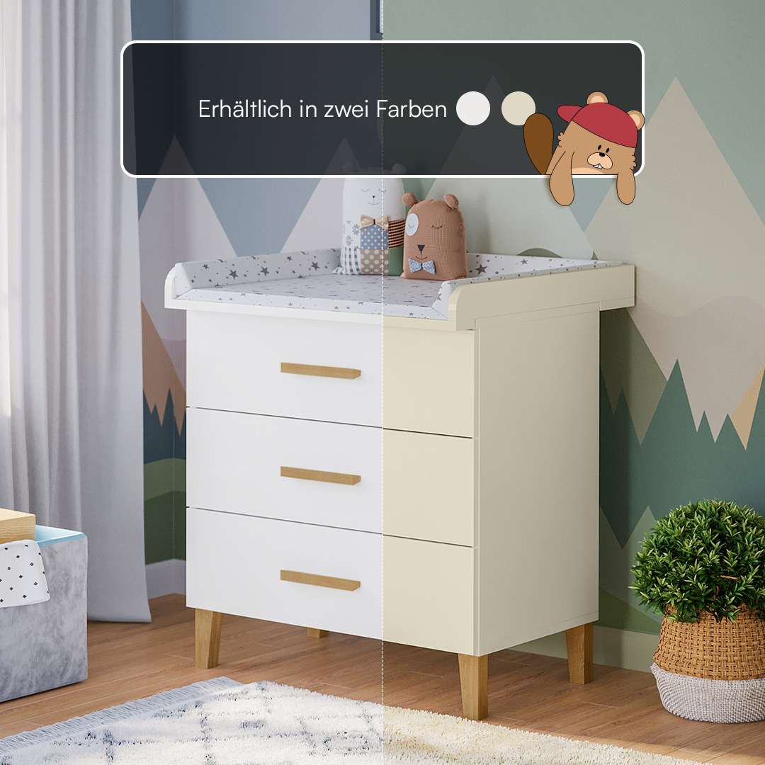 Liri Wickelkommode, weiß/natur, mit 3 Schubladen und abnehmbaren Wickelaufsatz