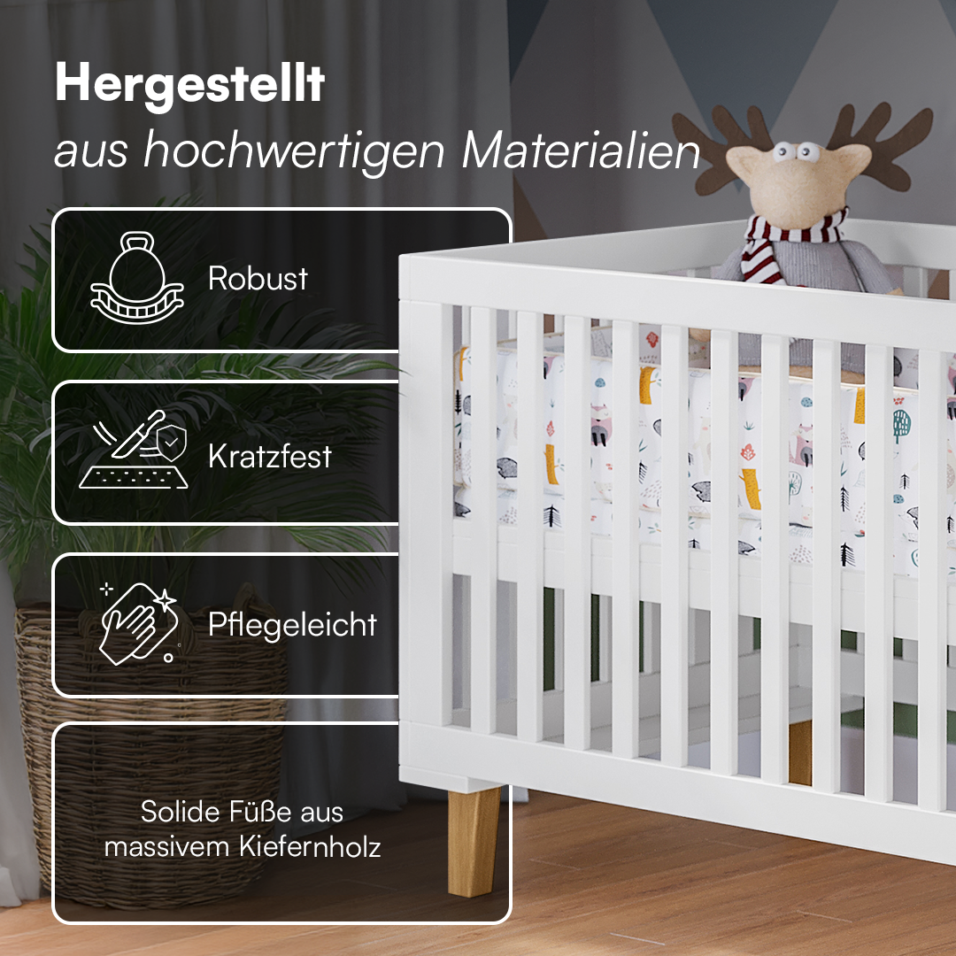 Liri Kombi-Kinderbett 70x140 cm, weiß/natur, 3-fach höhenverstellbar, umbaubar zum Juniorbett, inkl. Umbauseiten