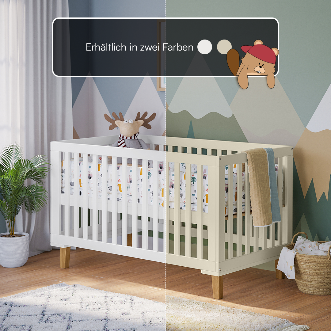 Liri Kombi-Kinderbett 70x140 cm, weiß/natur, 3-fach höhenverstellbar, umbaubar zum Juniorbett, inkl. Umbauseiten