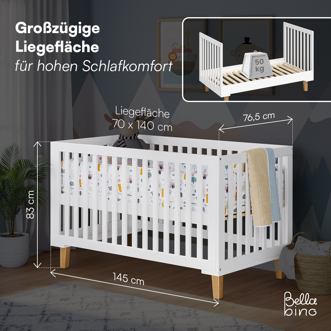 Liri Kombi-Kinderbett 70x140 cm, weiß/natur, 3-fach höhenverstellbar, umbaubar zum Juniorbett, inkl. Umbauseiten