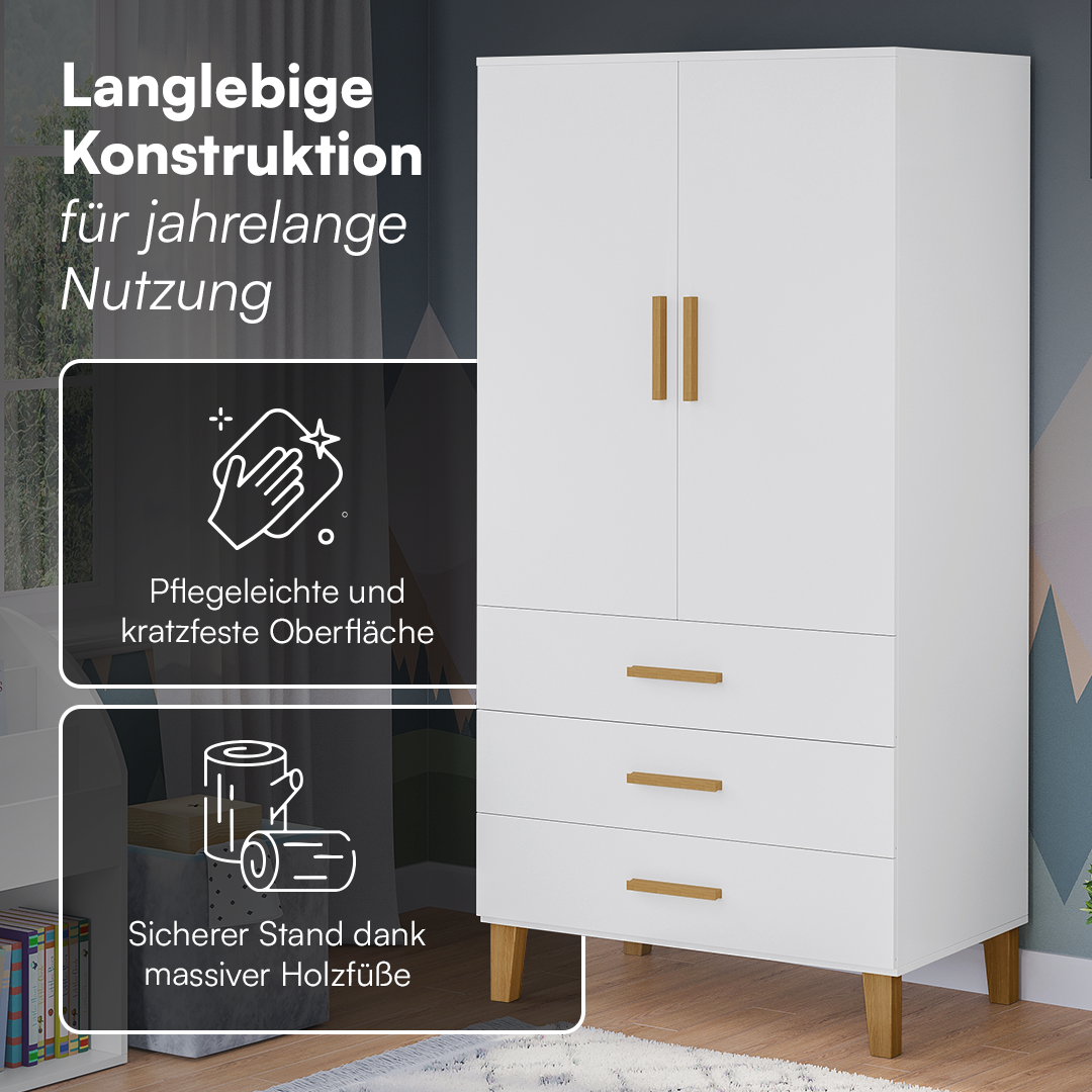 Liri 2-trg. Kinderkleiderschrank, weiß/natur, mit Kleiderstange und 3 Schubladen