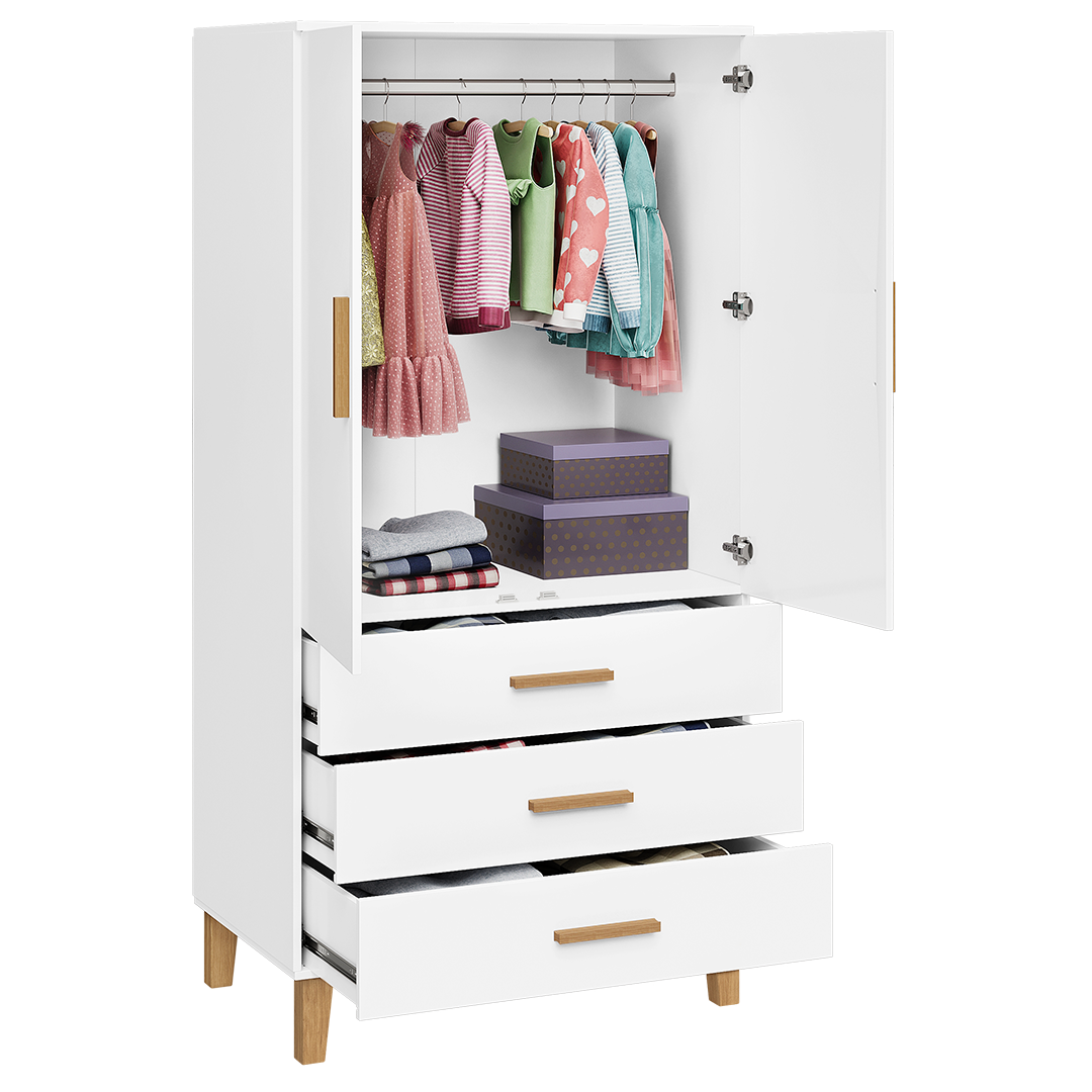 Liri 2-trg. Kinderkleiderschrank, weiß/natur, mit Kleiderstange und 3 Schubladen
