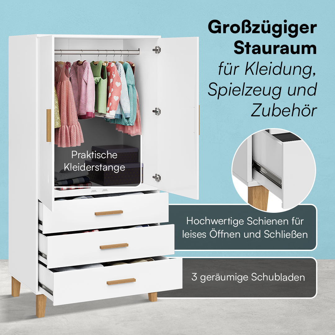 Liri 2-trg. Kinderkleiderschrank, weiß/natur, mit Kleiderstange und 3 Schubladen