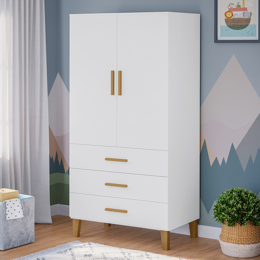 Liri 2-trg. Kinderkleiderschrank, weiß/natur, mit Kleiderstange und 3 Schubladen