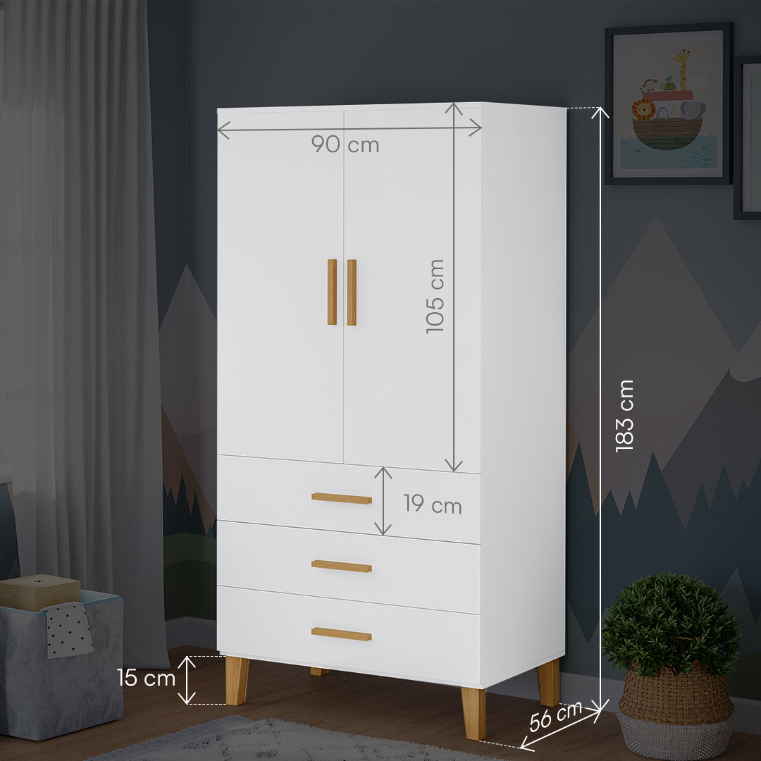Liri 2-trg. Kinderkleiderschrank, weiß/natur, mit Kleiderstange und 3 Schubladen