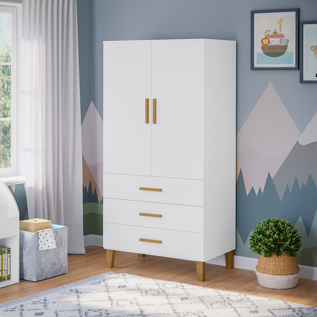 Liri 2-trg. Kinderkleiderschrank, weiß/natur, mit Kleiderstange und 3 Schubladen