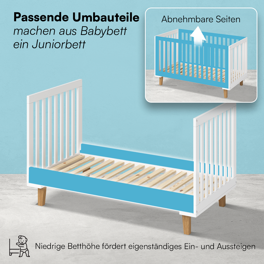 Liri Kombi-Kinderbett 70x140 cm, weiß/natur, 3-fach höhenverstellbar, umbaubar zum Juniorbett, inkl. Umbauseiten