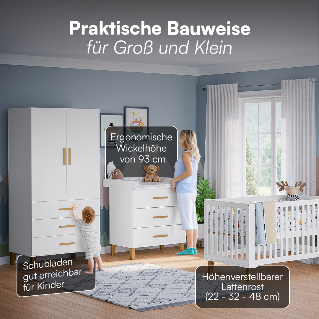 Liri 3-tlg. Babyzimmer, Set aus umbaubarem Babybett, Wickelkommode mit abnehmbarem Wickelaufsatz und 2-trg. Kleiderschrank