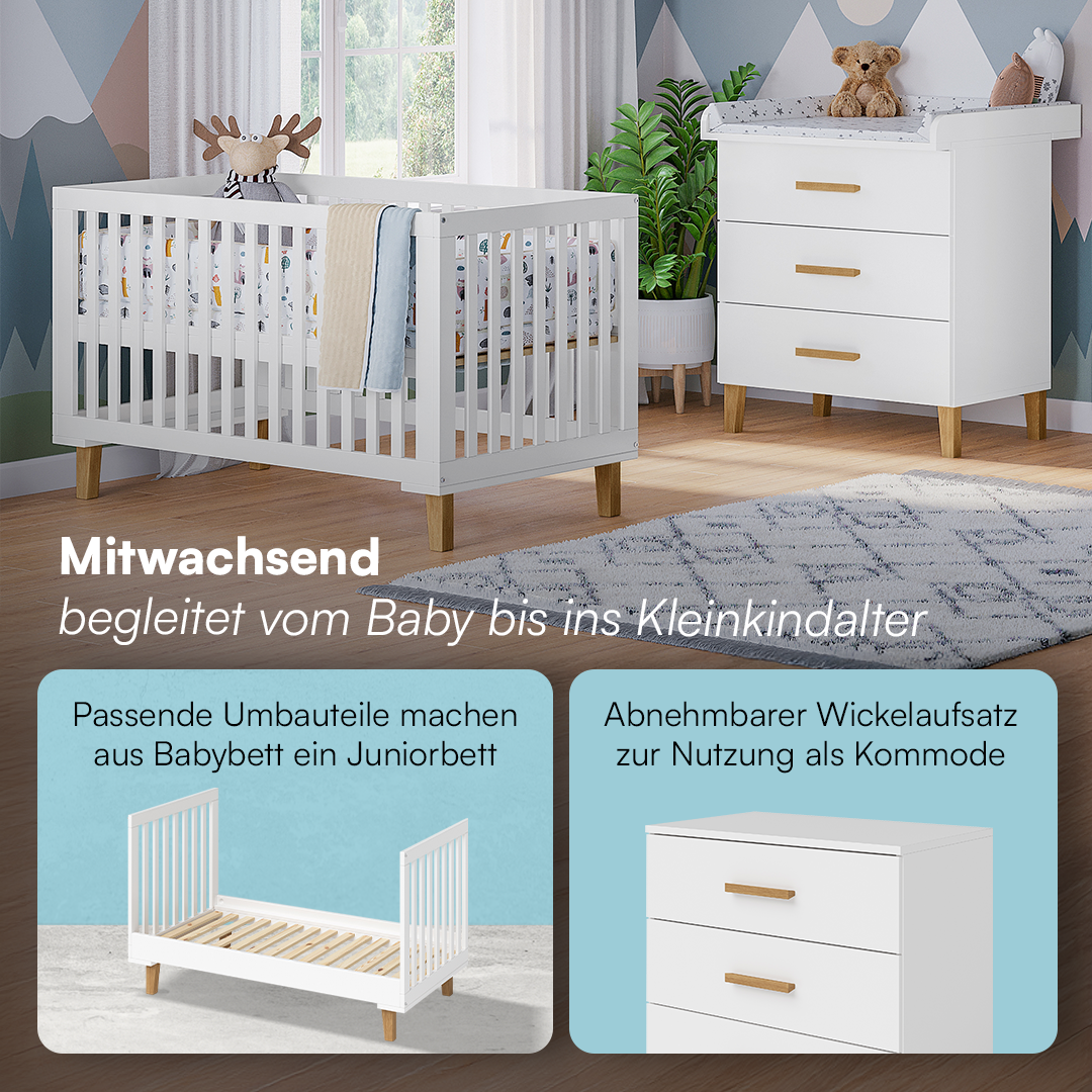 Liri 3-tlg. Babyzimmer, Set aus umbaubarem Babybett, Wickelkommode mit abnehmbarem Wickelaufsatz und 2-trg. Kleiderschrank