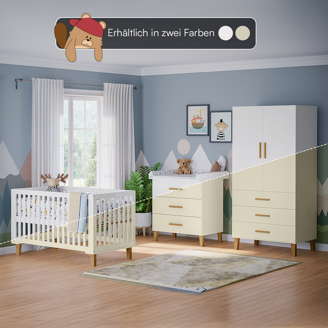 Liri 3-tlg. Babyzimmer, Set aus umbaubarem Babybett, Wickelkommode mit abnehmbarem Wickelaufsatz und 2-trg. Kleiderschrank