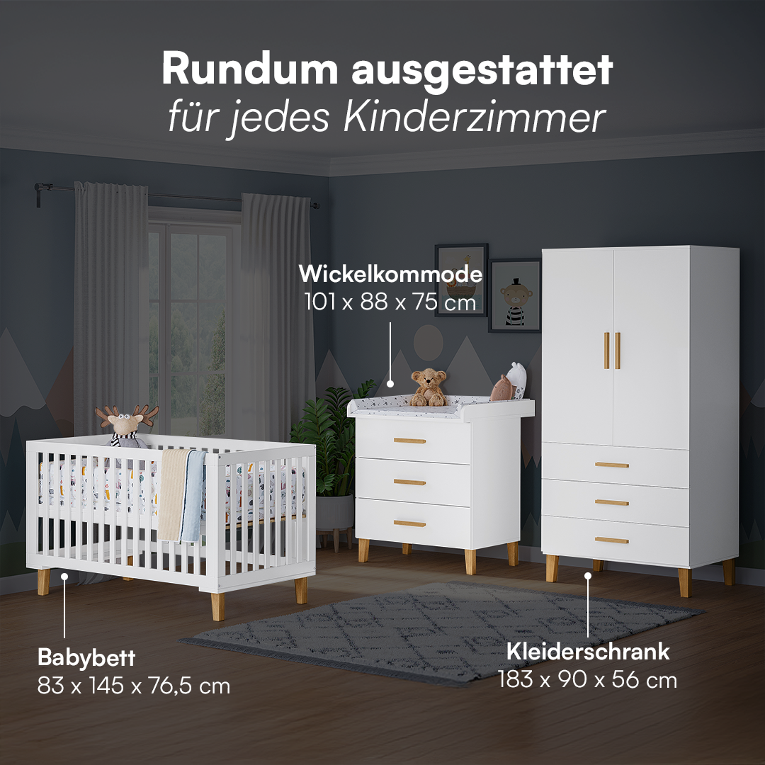 Liri 3-tlg. Babyzimmer, Set aus umbaubarem Babybett, Wickelkommode mit abnehmbarem Wickelaufsatz und 2-trg. Kleiderschrank