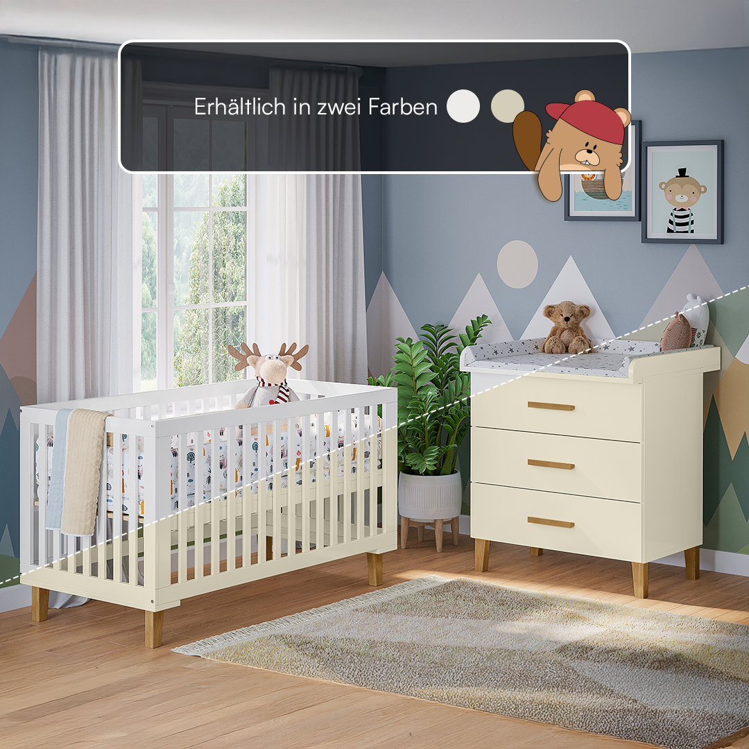 Liri 2-tlg. Babyzimmer, Set aus umbaubarem Babybett und Wickelkommode mit abnehmbarem Wickelaufsatz